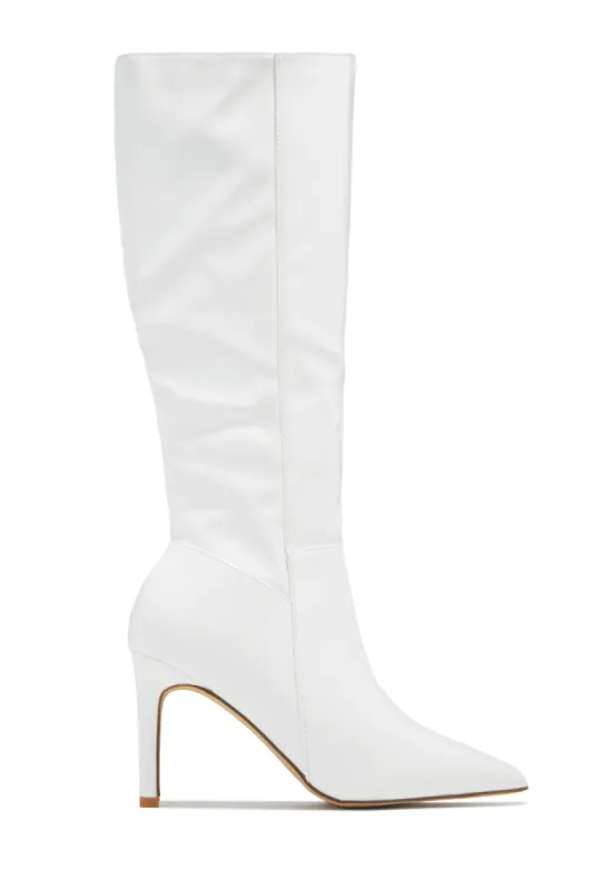 Scarlette Below The Knee Heel Boots - White Pat sold by Miss Lola