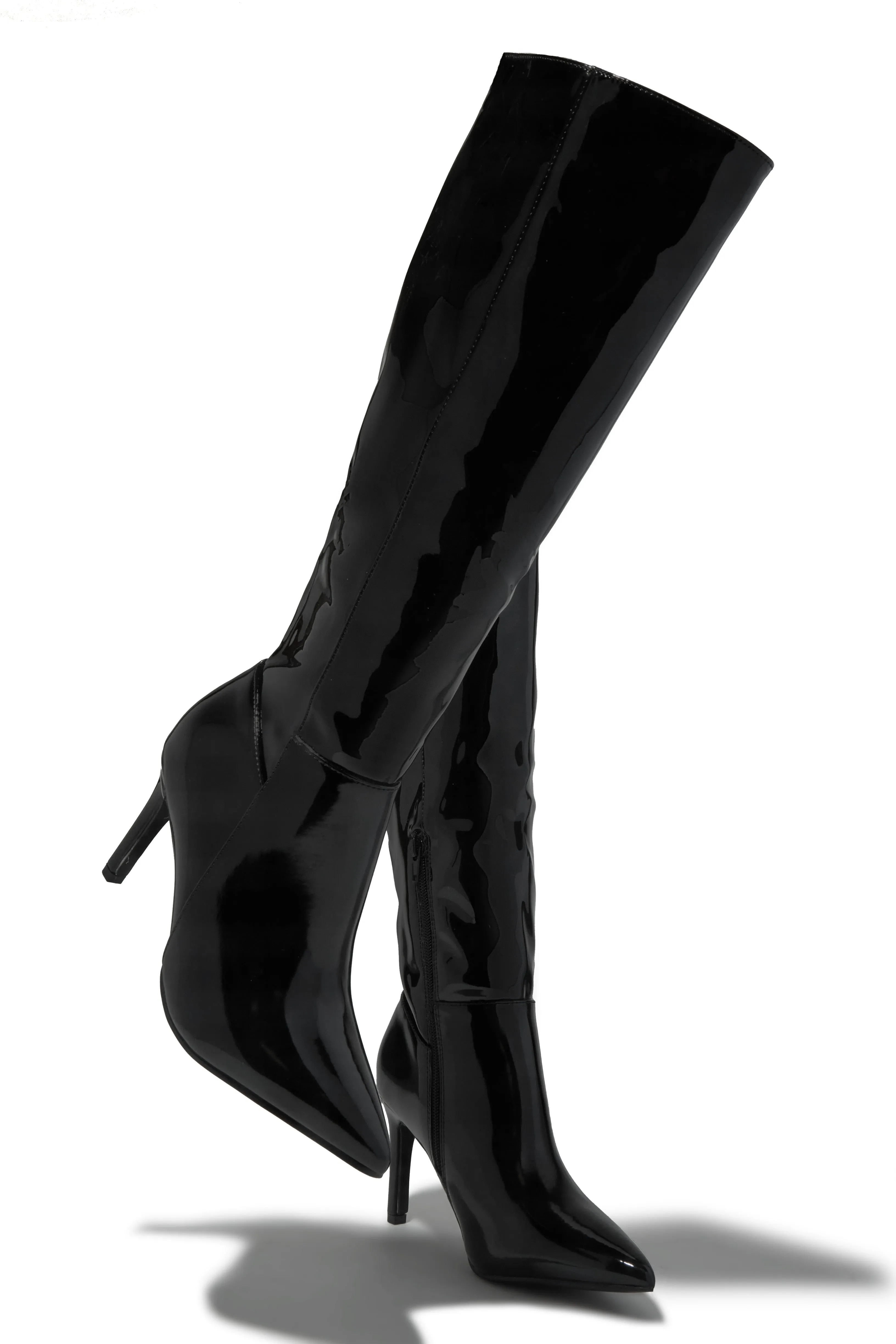 Scarlette Below The Knee Heel Boots - Black Pat sold by Miss Lola
