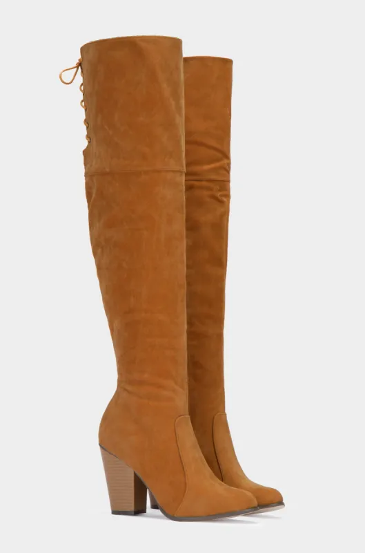 Roadie Over The Knee Block Heel Boots - Tan sold by Miss Lola