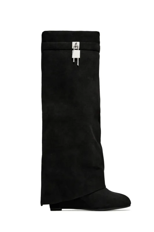 Kai Wedge Heel Knee High Shark Boots - Black sold by Miss Lola