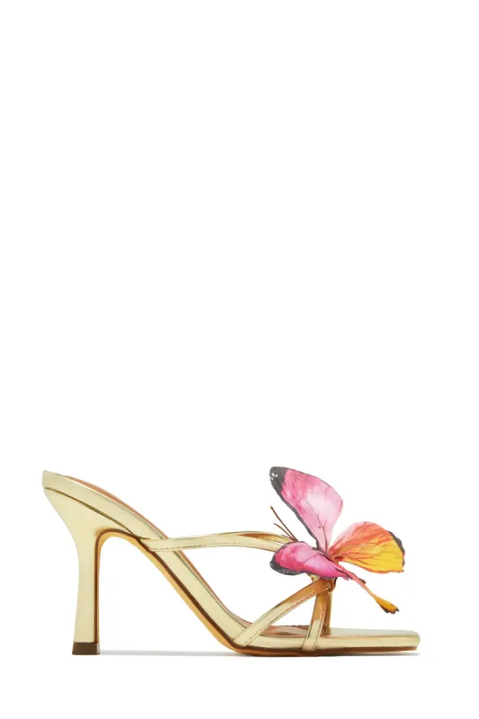 Mariposa Butterfly Mule Heels - Gold sold by Miss Lola