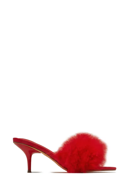 Pamela Faux Fur Mid Heel Mules - Red sold by Miss Lola