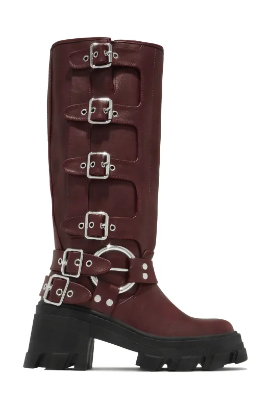 Alix Knee High Buckle Combat Boots - Wine sold by Miss Lola