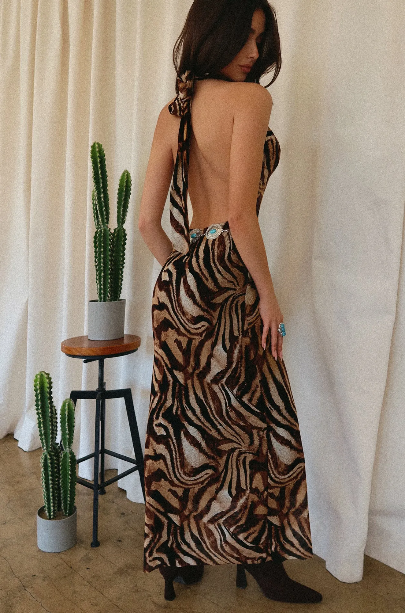 Remina Open Back Halter Maxi Dress - Multi Brown sold by Miss Lola product image thumbnail 2