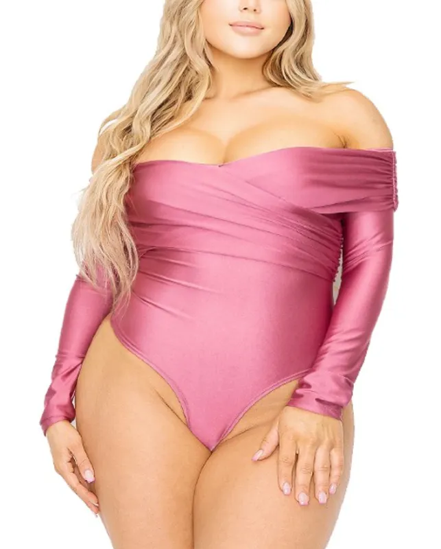 Jazzy Off The Shoulder Long Sleeve Bodysuit - Pink sold by Miss Lola