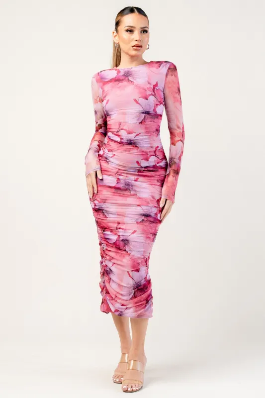 Shelly Long Sleeve Rouched Dress - Pink sold by Miss Lola