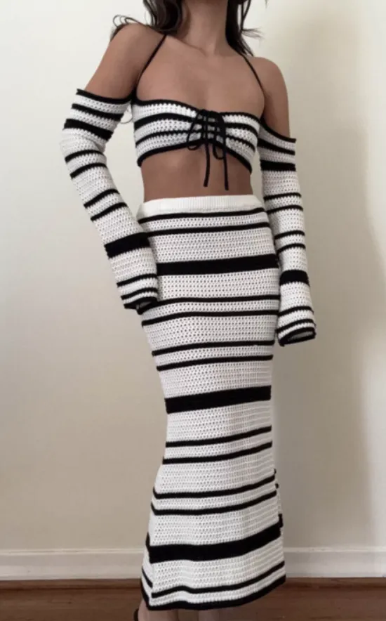 Melissa Two Piece Crochet Skirt Set - Black White sold by Miss Lola