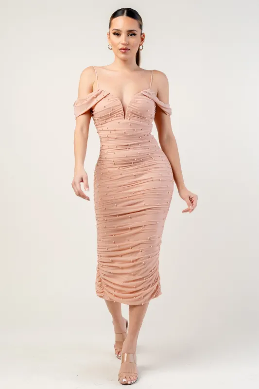 Eviana Off The Shoulder Midi Dress - Pink sold by Miss Lola