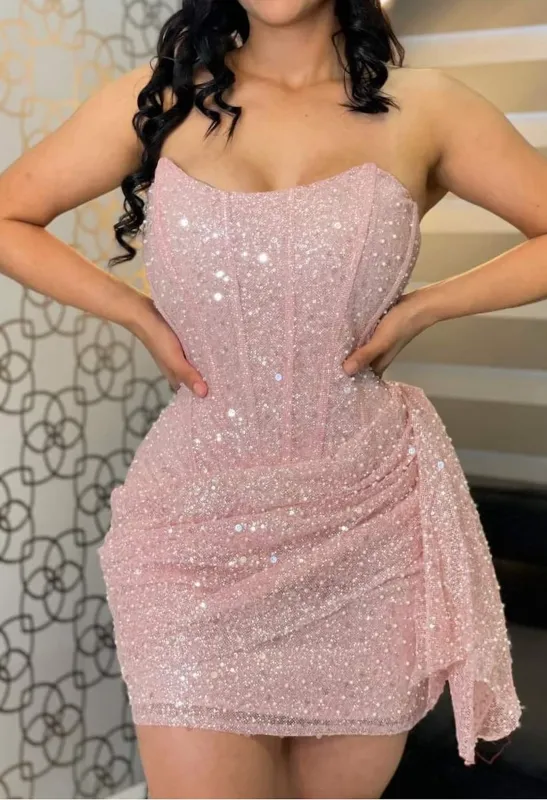 Birthday Showers Strapless Sequin Mini Dress - Pink sold by Miss Lola