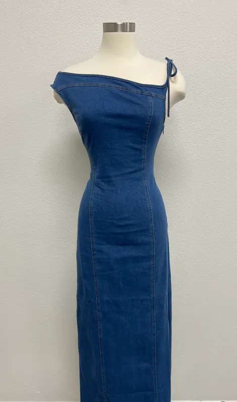 Sabrina Asymmetrical Strap Maxi Dress - Denim sold by Miss Lola
