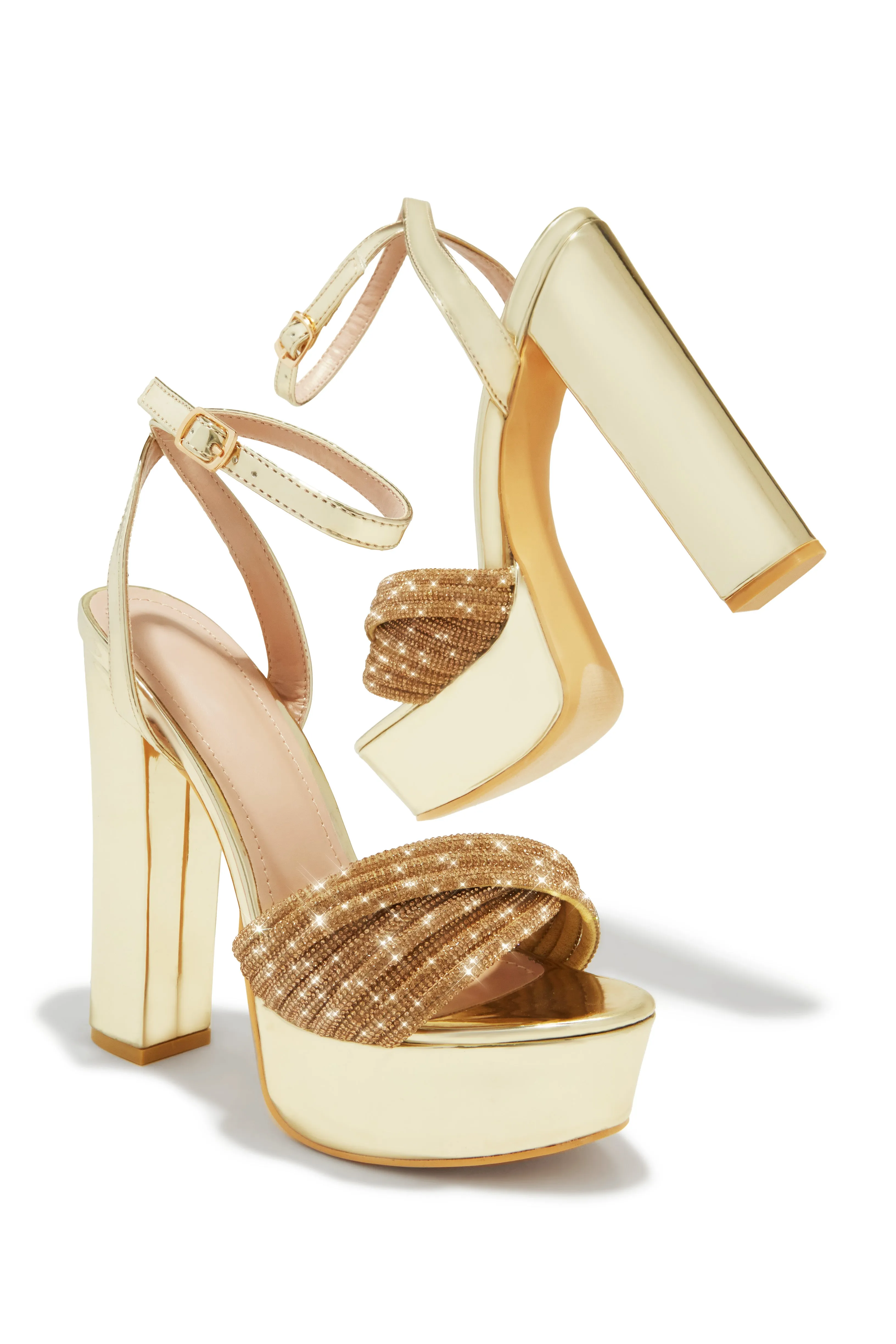 Arianna Embellished Platform Block Heels - Gold sold by Miss Lola