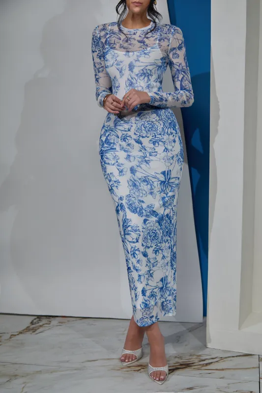 Kasia Long Sleeve Maxi Dress - White Blue Multi sold by Miss Lola