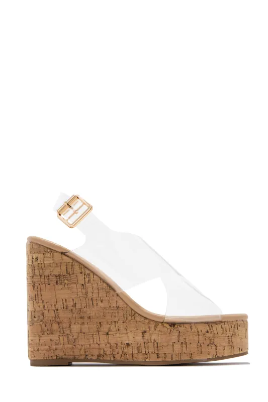 Daphney Cork Platform Wedges - Clear sold by Miss Lola