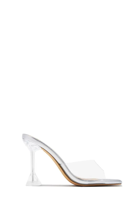 Demie Clear Strap Mule Heels - Silver sold by Miss Lola