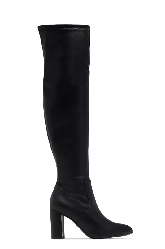Adeline Chunky Heel Over The Knee Boots - Black sold by Miss Lola