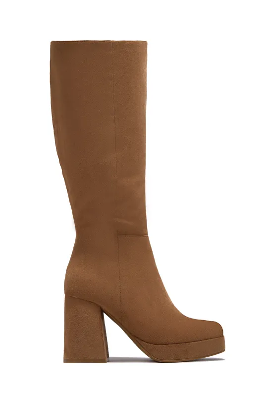 Hudson Platform Block Heel Boots - Camel Suede sold by Miss Lola