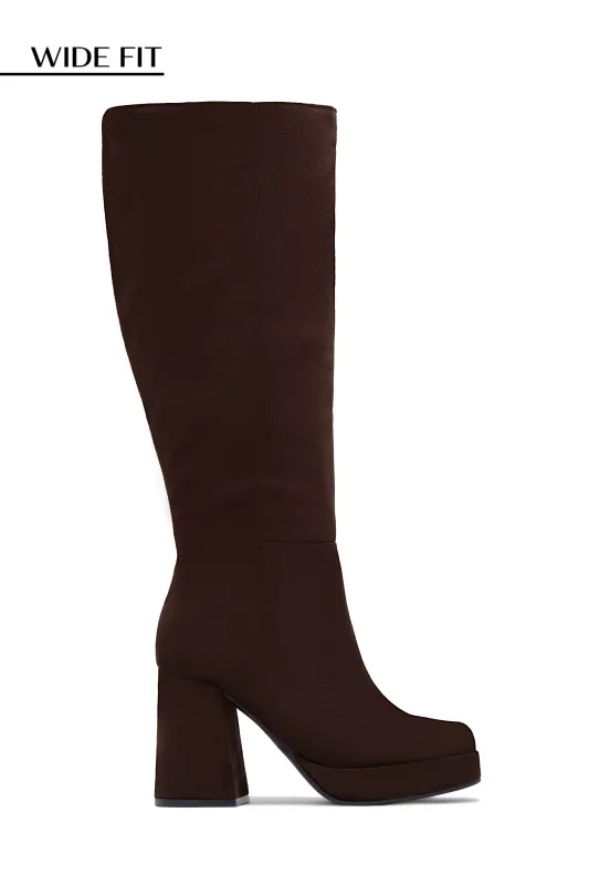 Hudson Wide Fit Platform Block Heel Boots - Brown Suede sold by Miss Lola