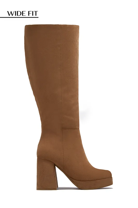 Hudson Wide Fit Platform Block Heel Boots - Camel Suede sold by Miss Lola