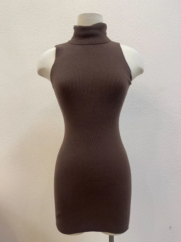 Chelsea Sleeveless Turtleneck Dress - Brown sold by Miss Lola