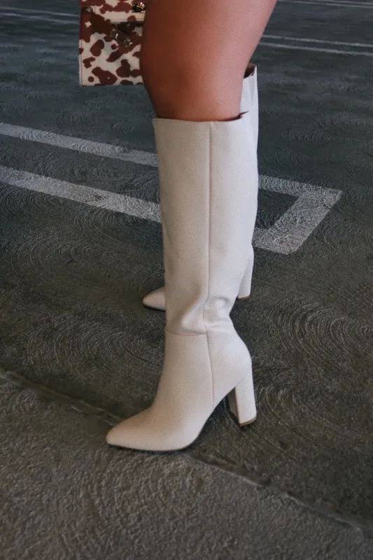 Fine Time Wide Fit Block Heel Knee High Boots - Ivory sold by Miss Lola