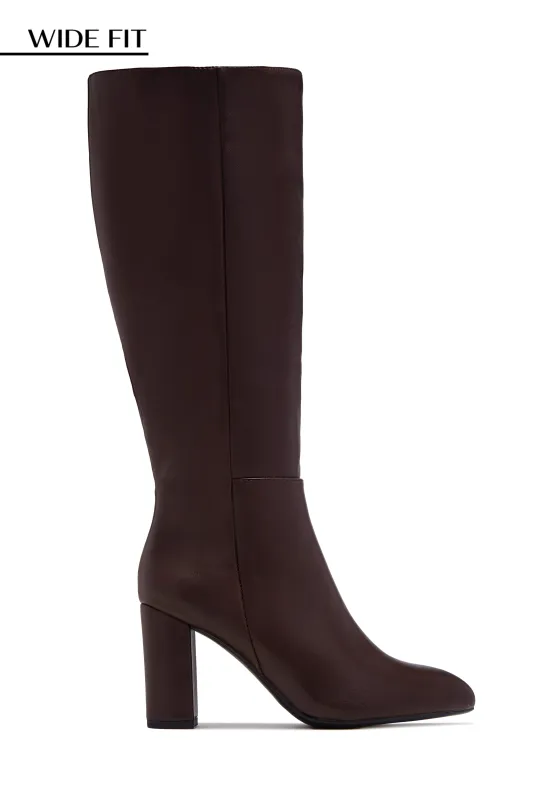 Fine Time Wide Fit Block Heel Knee High Boots - Brown sold by Miss Lola