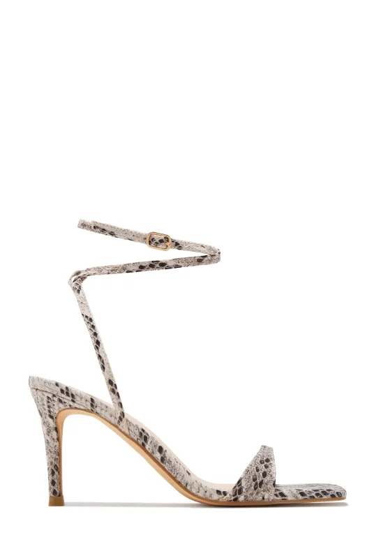 Viana Ankle Strap Mid Heels - Snake sold by Miss Lola