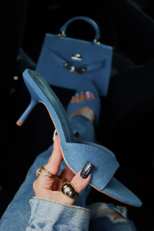 Myra Mid Heel Mules - Denim sold by Miss Lola