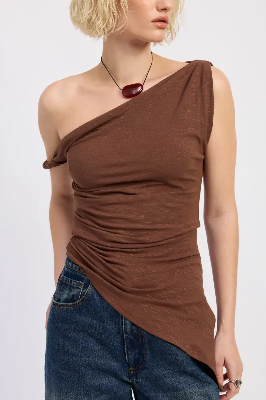 Haley Off The Shoulder Asymmetric Top - Brown made by Miss Lola