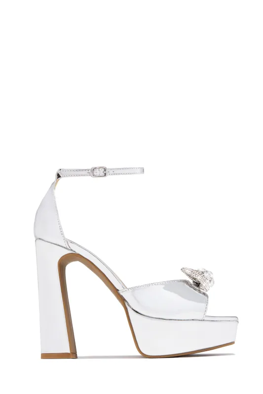 Caitelyn Embellished Bow Platform Block Heels - Silver sold by Miss Lola
