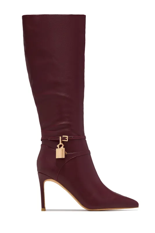 Kya Below The Knee Heel Boots - Wine sold by Miss Lola