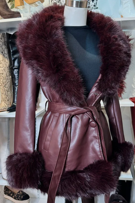 Kasey Faux Fur Coat - Wine sold by Miss Lola