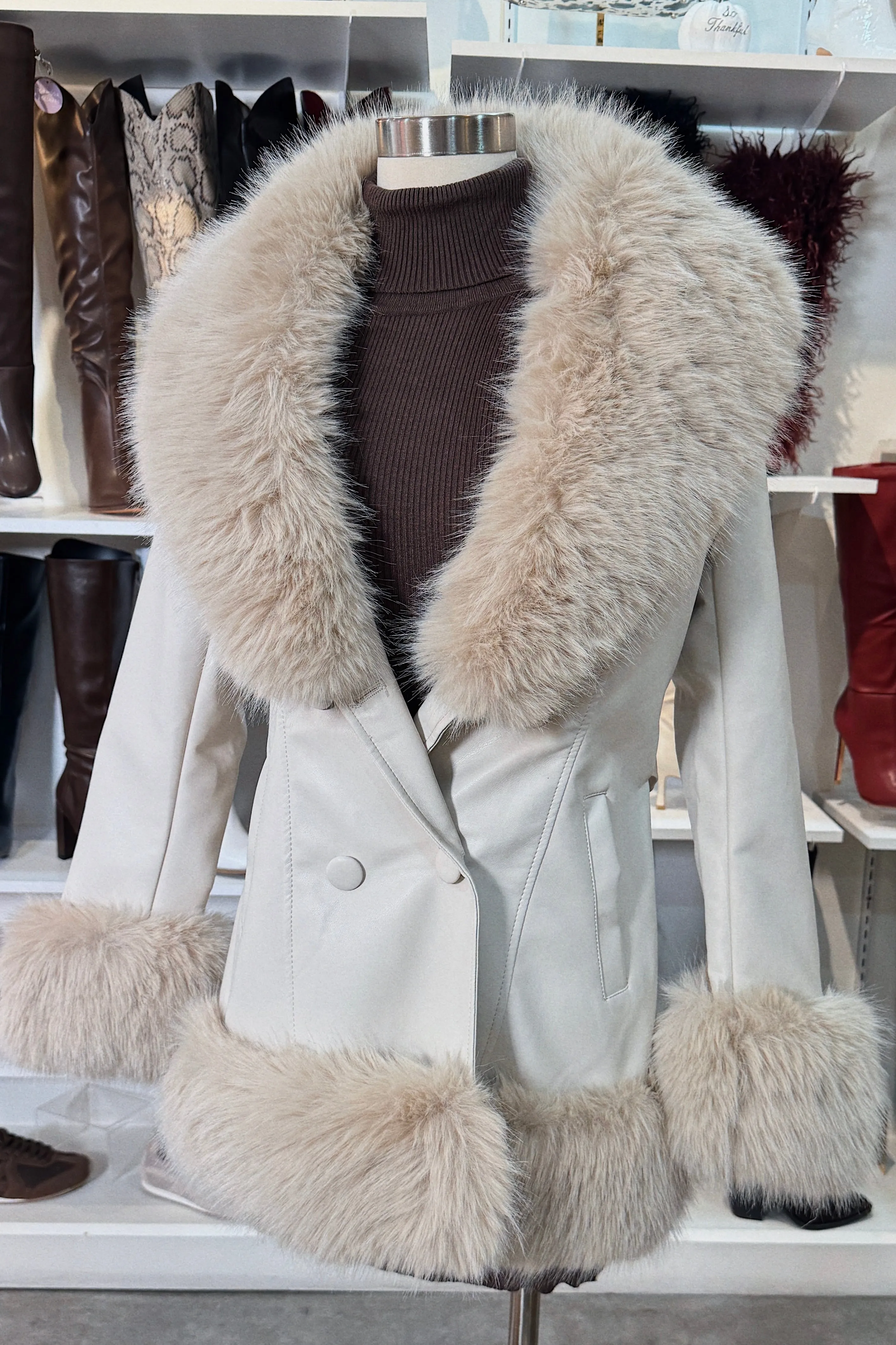 Kasey Faux Fur Coat - Cream sold by Miss Lola