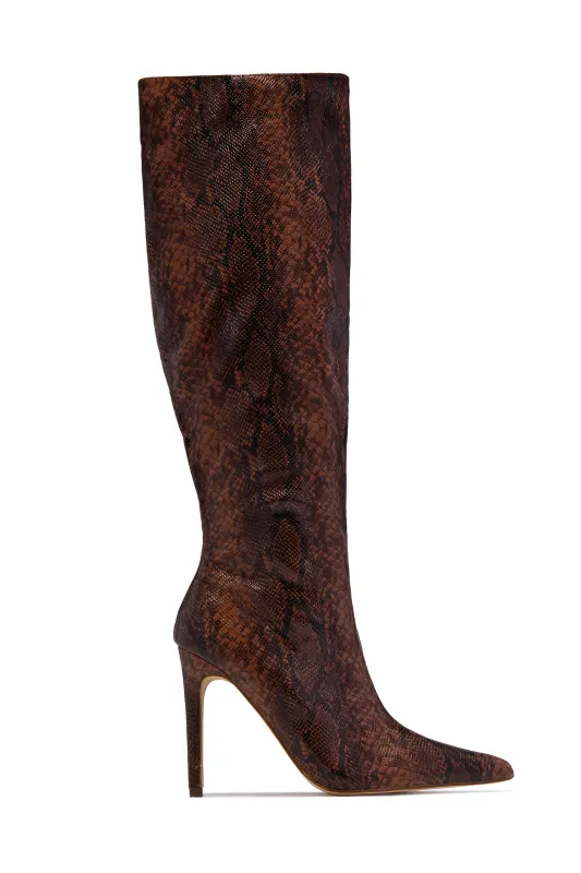 Haleigh Below The Knee Heel Boots - Brown Snake sold by Miss Lola