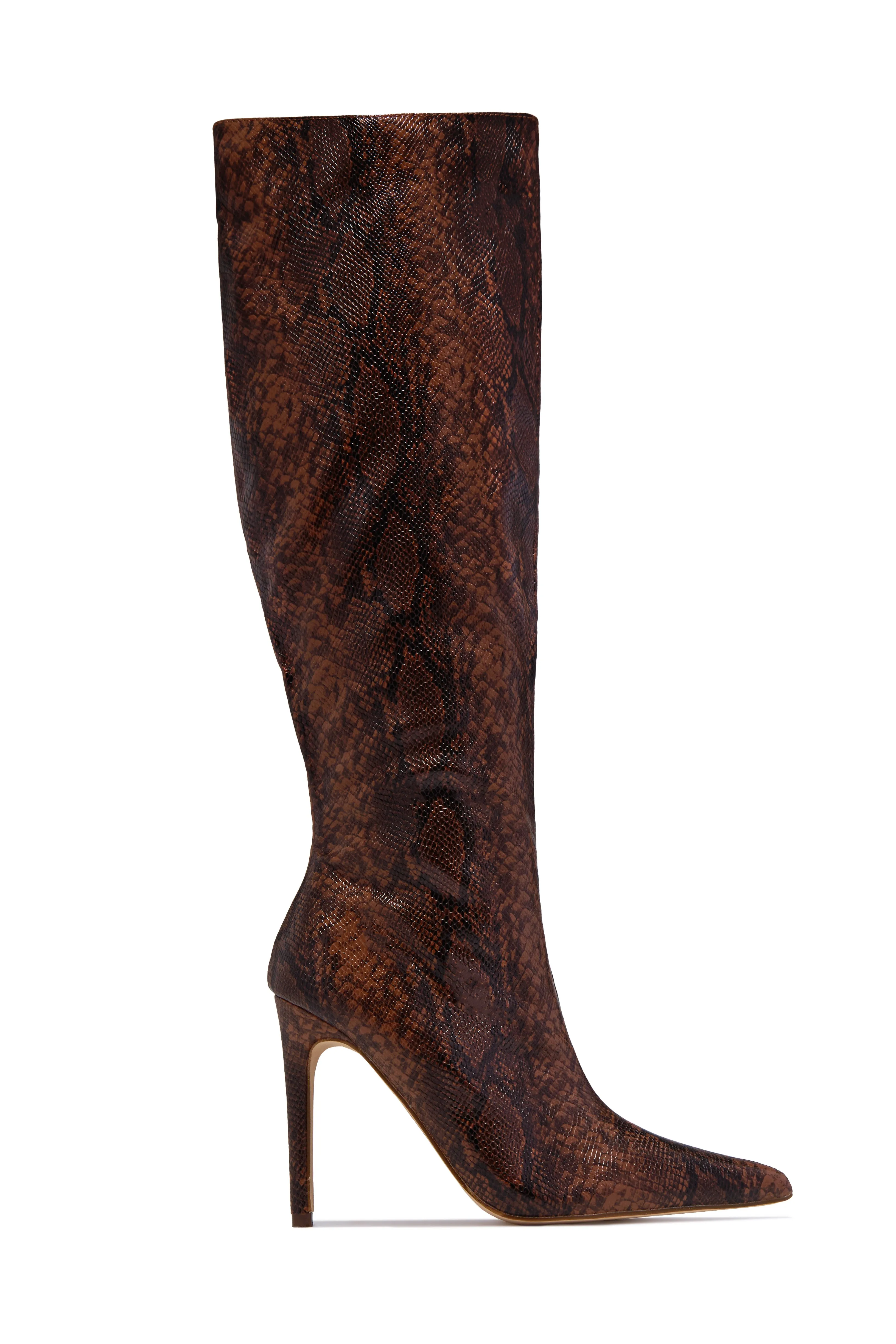 Haleigh Below The Knee Heel Boots - Brown Snake sold by Miss Lola