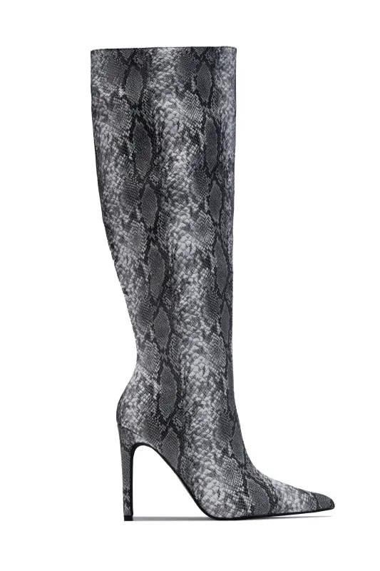Haleigh Below The Knee Heel Boots - Black Snake sold by Miss Lola