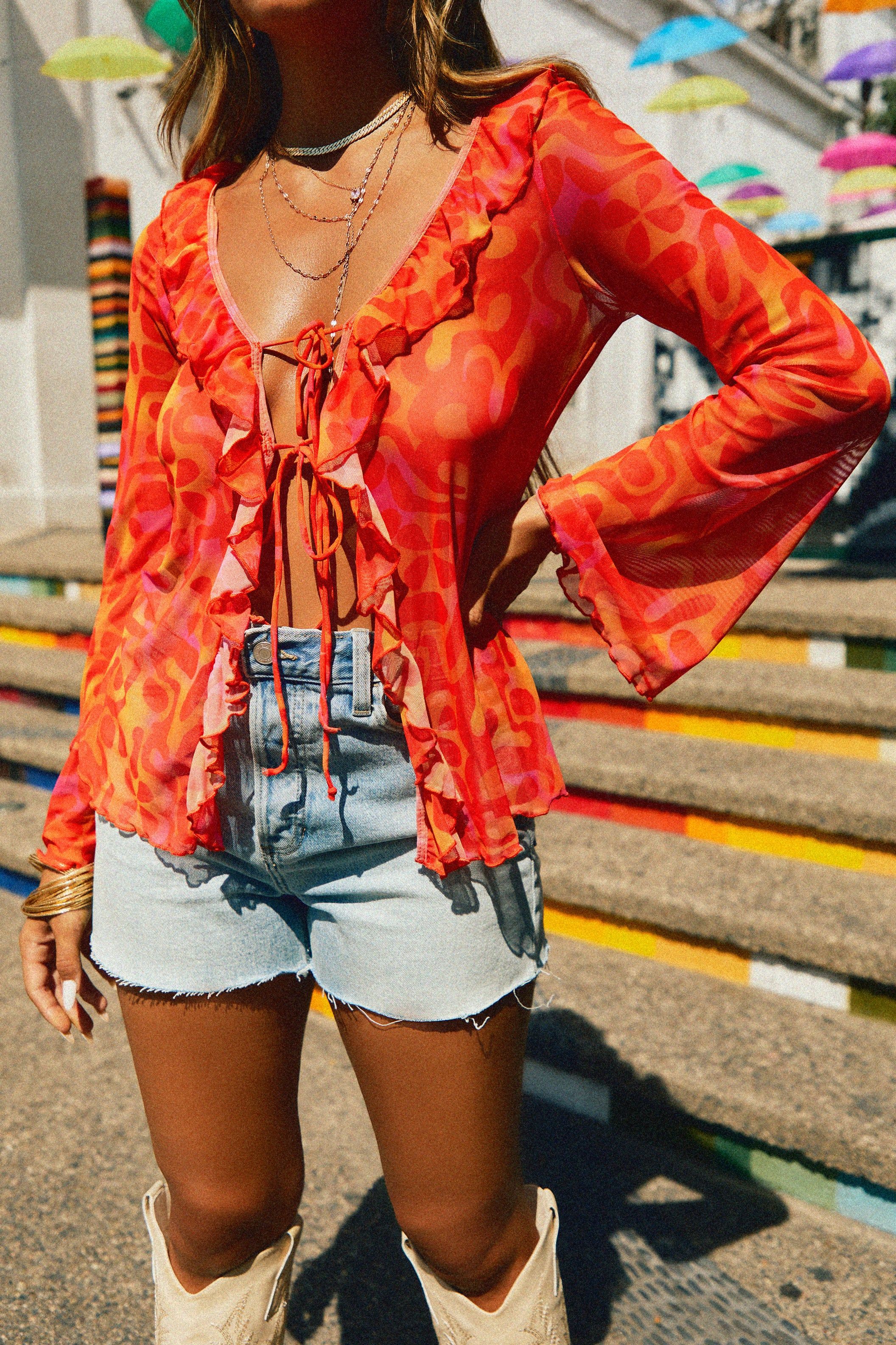 Playa Del Sol Long Sleeve Sheer Ruffle Top - Red Print sold by Miss Lola product image thumbnail 5