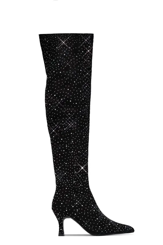 Shine Bright Embellished Over The Knee Heel Boots - Black sold by Miss Lola