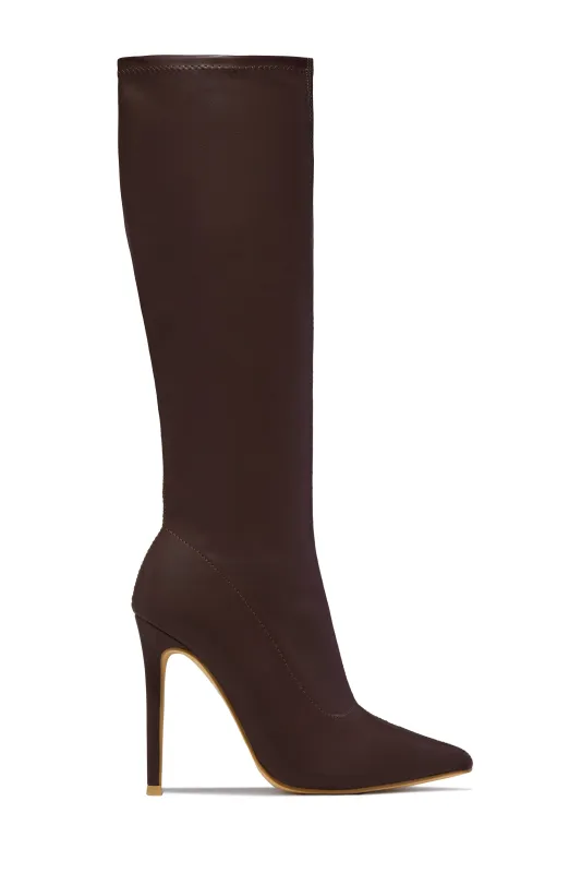 So Dramatic Knee High Heel Boots - Brown sold by Miss Lola