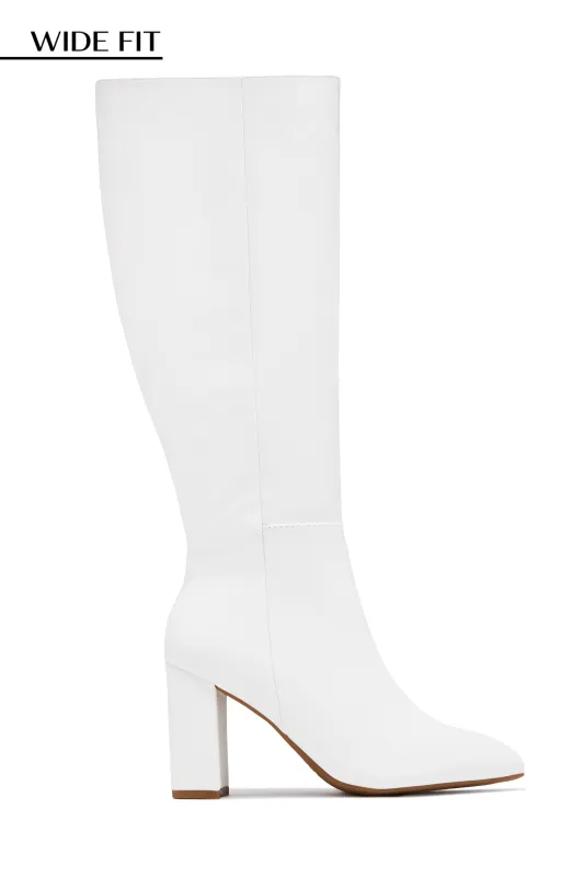 Fine Time Wide Fit Block Heel Knee High Boots - White sold by Miss Lola