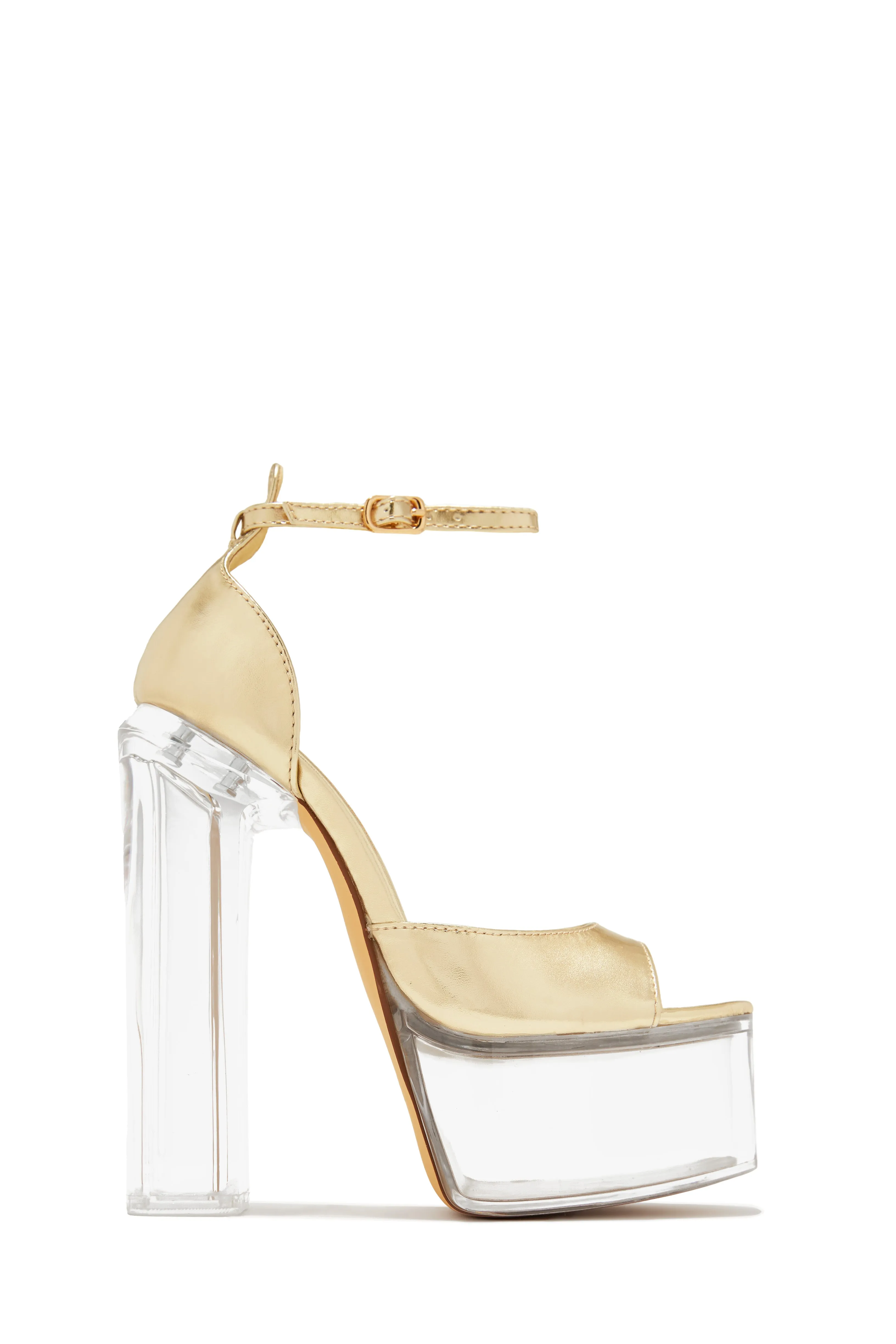 Venus Clear Platform Block High Heels - Gold sold by Miss Lola