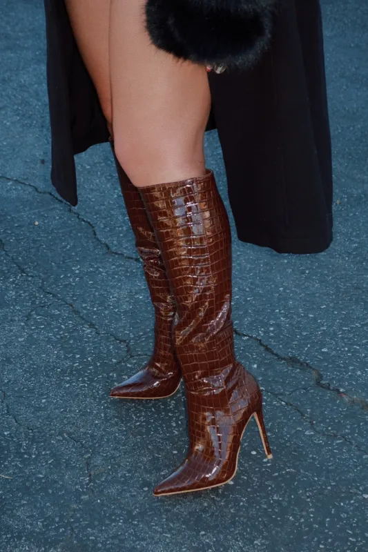 Trisha Knee High Heel Boots - Brown sold by Miss Lola