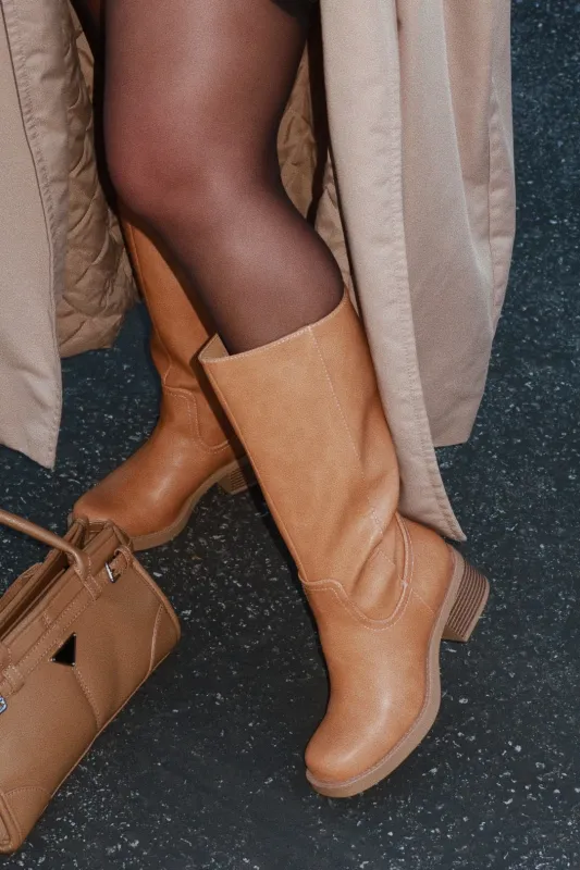 Midnight Icon Below The Knee Moto Boots - Camel sold by Miss Lola