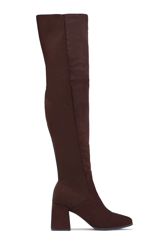 Mandy Block Heel Over The Knee Boots - Brown Suede sold by Miss Lola