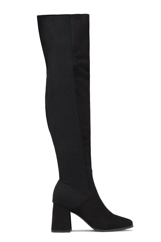 Mandy Block Heel Over The Knee Boots - Black Suede sold by Miss Lola