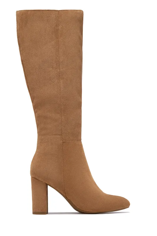 Fine Time Block Heel Knee High Boots - Camel Suede sold by Miss Lola