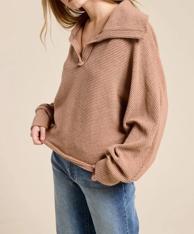 Sami Collared Neck Long Sleeve Sweater Top - Latte made by Miss Lola