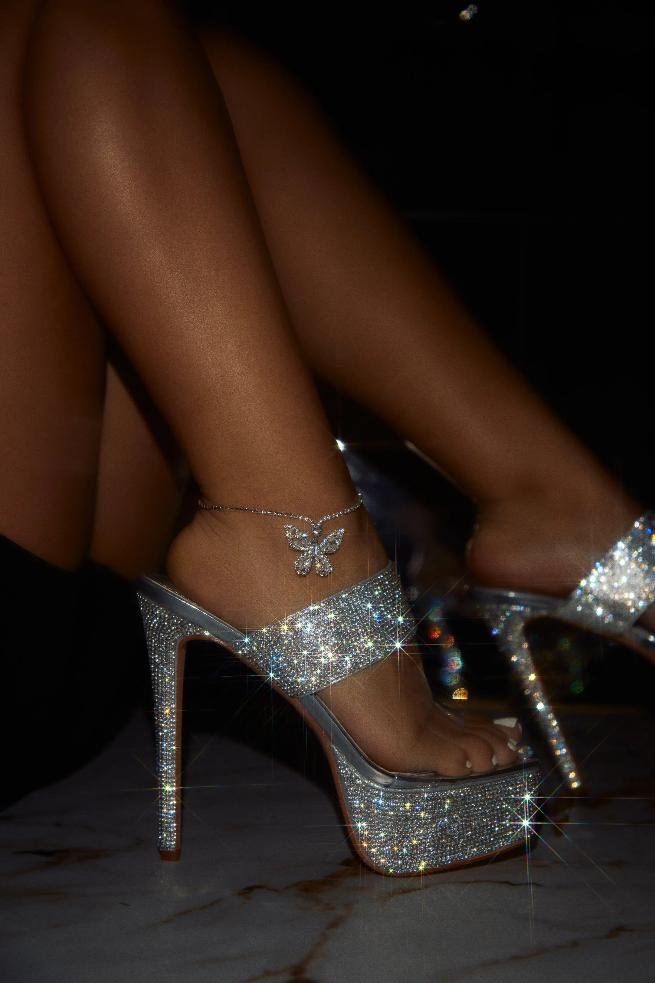 Main Event Embellished Platform High Heel Mules - Silver sold by Miss Lola