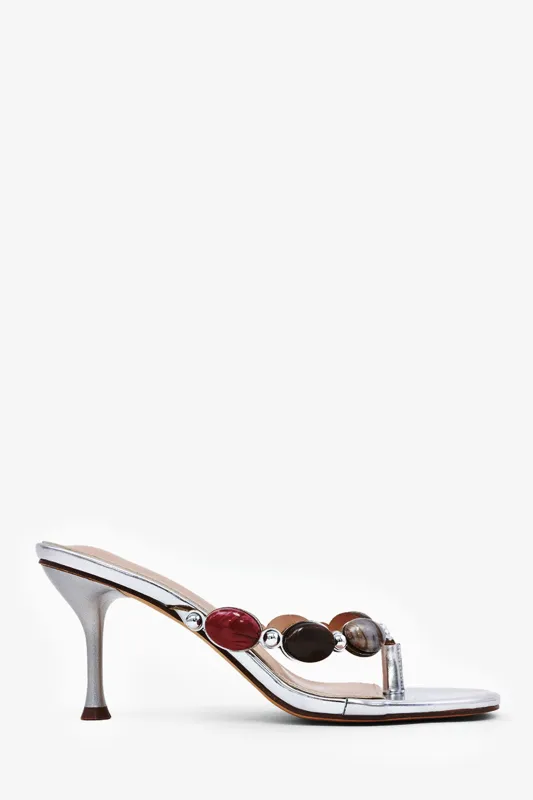 Nola Thong Strap Mid Heel Mules - Silver made by Miss Lola