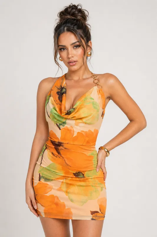 Citrus Kiss Halter Mini Dress - Orange Multi made by Miss Lola