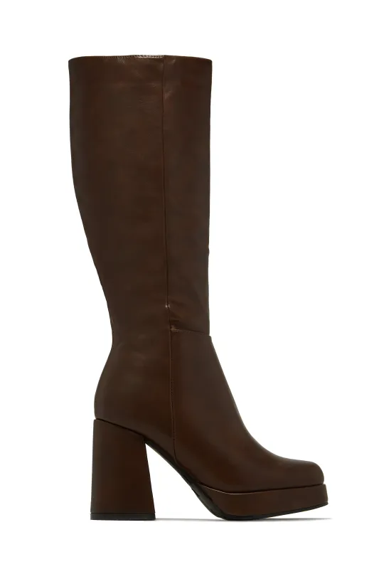 Hudson Platform Block Heel Knee High Boots – Brown made by Miss Lola